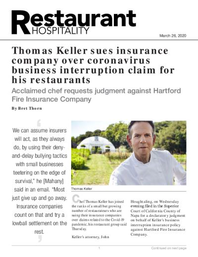 Thomas Keller sues insurance company over coronavirus business interruption claim for his restaurants