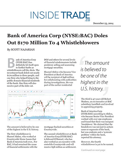 Bank of America Corp (NYSE:BAC) Doles Out $170 Million To 4 Whistleblowers